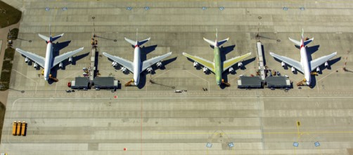 Airbus A380 for Emirates in front of completion on the apron, Finkenwerder Airport, Finkenwerder