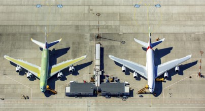 Airbus A380 for Emirates in front of completion on the apron, Finkenwerder Airport, Finkenwerder