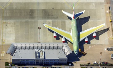 Airbus A380 for Emirates in front of completion on the apron, Finkenwerder Airport, Finkenwerder