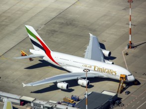 Airbus A380 for Emirates in front of completion on the apron, Finkenwerder Airport, Finkenwerder