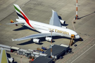 Airbus A380 for Emirates in front of completion on the apron, Finkenwerder Airport, Finkenwerder