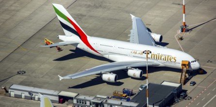 Airbus A380 for Emirates in front of completion on the apron, Finkenwerder Airport, Finkenwerder