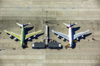 Airbus A380 for Emirates in front of completion on the apron, Finkenwerder Airport, Finkenwerder