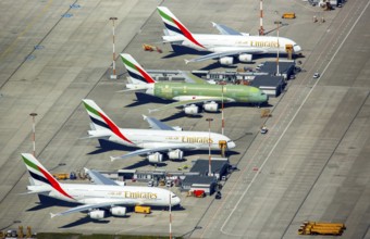 Airbus A380 for Emirates in front of completion on the apron, Finkenwerder Airport, Finkenwerder