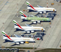 Airbus A380 for Emirates in front of completion on the apron, Finkenwerder Airport, Finkenwerder