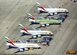 Airbus A380 for Emirates in front of completion on the apron, Finkenwerder Airport, Finkenwerder
