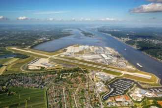 Finkenwerder Airport, runway and factory halls of Airbus Airport, Finkenwerder Airport, Hamburg,