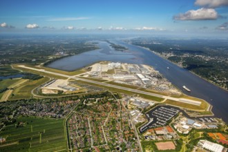 Finkenwerder Airport, runway and factory halls of Airbus Airport, Finkenwerder Airport, Hamburg,