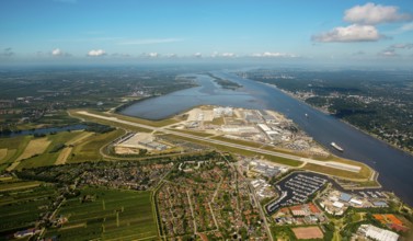 Finkenwerder Airport, runway and factory halls of Airbus Airport, Finkenwerder Airport, Hamburg,