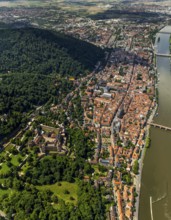Overview of Heidelberg and the Neckar river with Old Bridge and Heiliggeistkirche, Heidelberg,