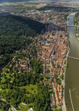 Overview of Heidelberg and the Neckar river with Old Bridge and Heiliggeistkirche, Heidelberg,