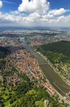 Overview of Heidelberg and the Neckar river with Old Bridge and Heiliggeistkirche, Heidelberg,