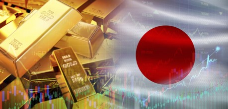 Gold bars stacked on Japanese flag. Japan gold reserves, Concept