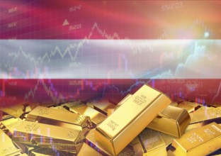 Gold bars on Austria flag in background. Gold bars stacked on Austrian flag. Concept of Austria