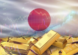 Gold bars on Japan flag in background. Gold bars stacked on Japanese flag. Concept of Japan gold
