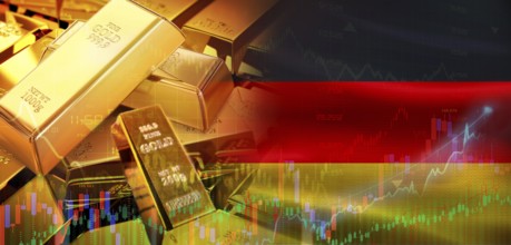 Gold bars stacked on German flag. Germany gold reserves, Concept