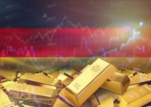 Gold bars on Germany flag in background. Gold bars stacked on German flag. Concept of Germany gold
