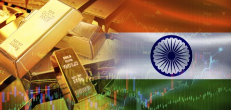 Gold bars stacked on Indian flag. India gold reserves, Concept