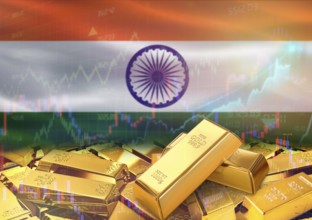 Gold bars on India flag in background. Gold bars stacked on Indian flag. Concept of India gold
