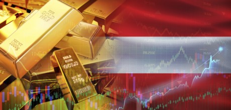 Gold bars stacked on Austrian flag. Austria gold reserves, Concept