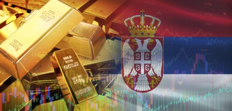 Gold bars stacked on Serbian flag. Serbia gold reserves, Concept