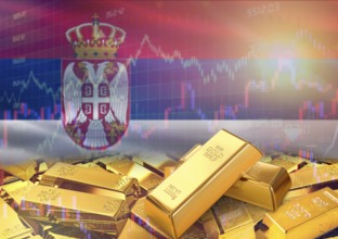 Gold bars on Serbia flag in background. Gold bars stacked on Serbian flag. Concept of Serbia gold