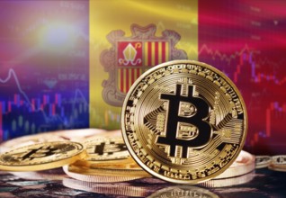 Bitcoin with Andorra flag in the background. Investors in cryptocurrency and Blockchain Technology