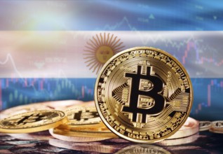 Bitcoin with Argentina flag in the background. Investors in cryptocurrency and Blockchain