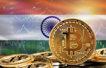 Investors in cryptocurrency and Blockchain Technology in India, Concept. Bitcoin with India flag in