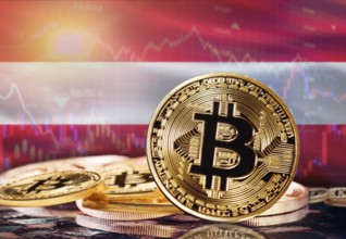 Bitcoin with Austria flag in the background. Investors in cryptocurrency and Blockchain Technology