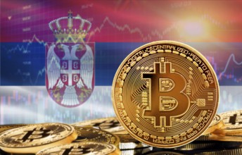 Investors in cryptocurrency and Blockchain Technology in Serbia, Concept. Bitcoin with Serbia flag