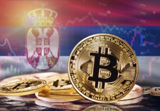 Bitcoin with Serbia flag in the background. Investors in cryptocurrency and Blockchain Technology