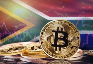 Bitcoin with South Africa flag in the background. Investors in cryptocurrency and Blockchain