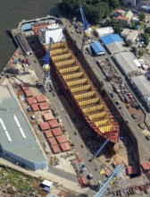 Blohm und Voss Dock Elbe Hamburg, dry dock, ship hull, steel hull, Hamburg harbour, Hamburg,