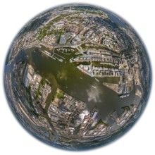 Hamburg harbour, fisheye lens, fisheye, round image, Hamburg, Germany, Europe, aerial view,