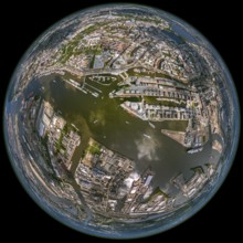 Hamburg harbour, fisheye lens, fisheye, round image, Hamburg, Germany, Europe, aerial view,