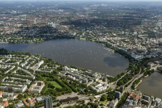 Inner Alster Lake, Außenalster, Kennedybrücke, Hamburg, Germany, Europe, aerial view, birds-eyes