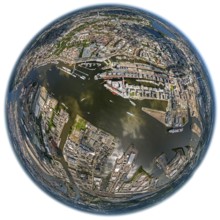 Hamburg harbour, fisheye lens, fisheye, round image, Hamburg, Germany, Europe, aerial view,