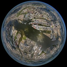 Hamburg harbour, fisheye lens, fisheye, round image, Hamburg, Germany, Europe, aerial view,