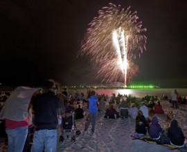 Baltic Sea in flames at Grömitz pier, fireworks, highlight of the season, end of the season, beach,
