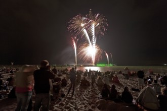 Baltic Sea in flames at Grömitz pier, fireworks, highlight of the season, end of the season, beach,