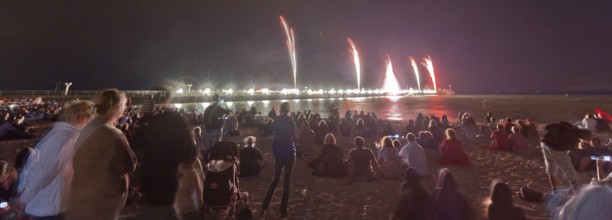 Baltic Sea in flames at Grömitz pier, fireworks, highlight of the season, end of the season, beach,