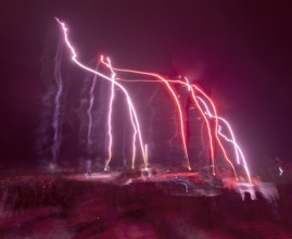 Baltic Sea in flames at Grömitz pier, fireworks, highlight of the season, end of the season, beach,