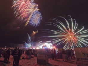 Baltic Sea in flames at Grömitz pier, fireworks, highlight of the season, end of the season, beach,