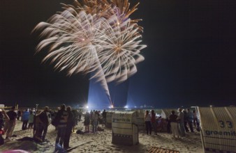 Baltic Sea in flames at Grömitz pier, fireworks, highlight of the season, end of the season, beach,