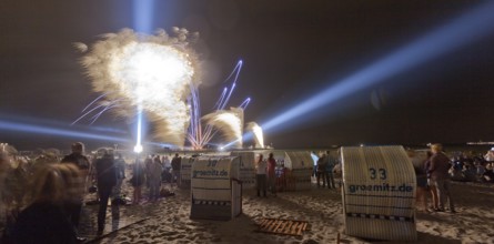 Baltic Sea in flames at Grömitz pier, fireworks, highlight of the season, end of the season, beach,