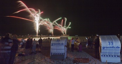 Baltic Sea in flames at Grömitz pier, fireworks, highlight of the season, end of the season, beach,