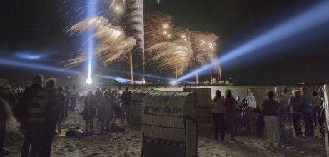 Baltic Sea in flames at Grömitz pier, fireworks, highlight of the season, end of the season, beach,