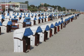 Beach with beach chairs, Grömitz, Baltic Sea, Schleswig-Holstein, Germany, Europe, aerial view,