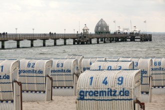 Jetty with beach chairs, Grömitz, Baltic Sea, Schleswig-Holstein, Germany, Europe, aerial view,